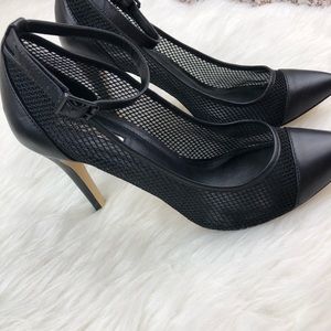 BCBGeneration Black Net Ankle Strap Heels